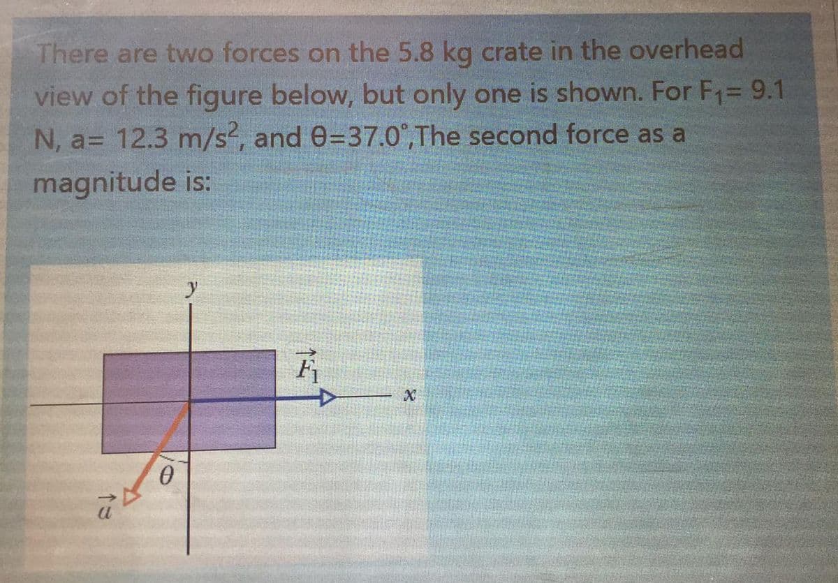 There are two forces on the 5.8 kg crate in the overhead
view of the figure below, but only one is shown. For F1= 9.1
N, a= 12.3 m/s², and 0=37.0°,The second force as a
magnitude is:
