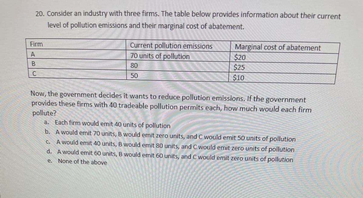 20. Consider an industry with three firms. The table below provides information about their current
level of pollution emissions and their marginal cost of abatement.
Marginal cost of abatement
$20
$25
$10
Current pollution emissions
70 units of pollution
Firm
A
80
50
Now, the government decides it wants to reduce pollution emissions. If the government
provides these firms with 40 tradeable pollution permits each, how much would each firm
pollute?
a. Each firm would emit 40 units of pollution
b. A would emit 70 units, B would emit zero units, and C would emit 50 units of pollution
C. Awould emit 40 units, B would emit 80 units, andC would emit zero units of pollution
d. A would emit 60 units, B would emit 60 units, and C would emit zero units of pollution
e. None of the above
