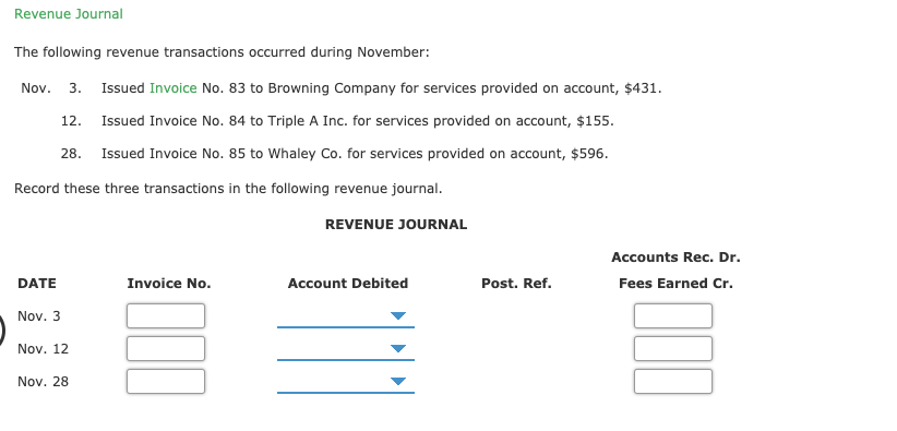 Revenue Journal
The following revenue transactions occurred during November:
Nov.
3.
Issued Invoice No. 83 to Browning Company for services provided on account, $431.
12.
Issued Invoice No. 84 to Triple A Inc. for services provided on account, $155.
28.
Issued Invoice No. 85 to Whaley Co. for services provided on account, $596.
Record these three transactions in the following revenue journal.
REVENUE JOURNAL
Accounts Rec. Dr.
DATE
Invoice No.
Account Debited
Post. Ref.
Fees Earned Cr.
Nov. 3
Nov. 12
Nov. 28
