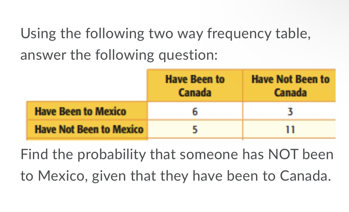 Using the following two way frequency table,
answer the following question:
Have Been to
Canada
Have Not Been to
Canada
Have Been to Mexico
6
3
Have Not Been to Mexico
5
11
Find the probability that someone has NOT been
to Mexico, given that they have been to Canada.
