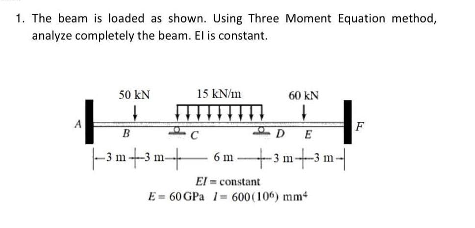 1. The beam is loaded as shown. Using Three Moment Equation method,
analyze completely the beam. El is constant.
50 KN
15 kN/m
60 KN
↓
↓
A
F
D E
3 m 13.
-3 m
B
C
6 m +3
El constant
E = 60 GPa 1= 600 (106) mm4
|-3 m3 m