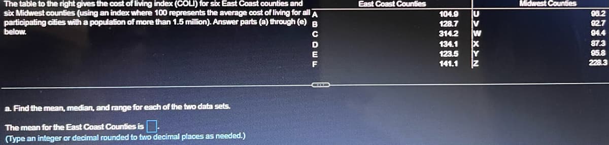 The table to the right gives the cost of living index (COLI) for six East Coast counties and
six Midwest counties (using an index where 100 represents the average cost of living for all A
participating cities with a population of more than 1.5 million). Answer parts (a) through (e)
below.
B
a. Find the mean, median, and range for each of the two data sets.
The mean for the East Coast Counties is
(Type an integer or decimal rounded to two decimal places as needed.)
EUCEY
с
D
F
East Coast Counties
104.9
128.7
314.2
134.1
123.5
141.1
DYWXYN
Midwest Counties
96.2
92.7
94.4
87.3
95.8
228.3