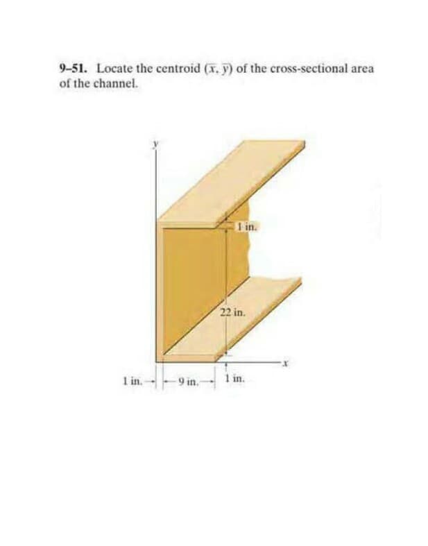 9-51. Locate the centroid (x. y) of the cross-sectional area
of the channel.
I in.
22 in.
1 in.
9 in.-
1 in.
