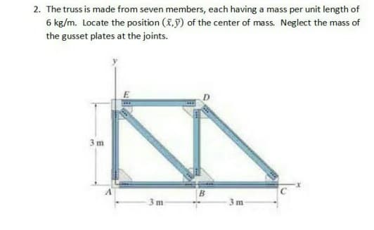 2. The truss is made from seven members, each having a mass per unit length of
6 kg/m. Locate the position (T,y) of the center of mass. Neglect the mass of
the gusset plates at the joints.
3 m
3 m
3 m
