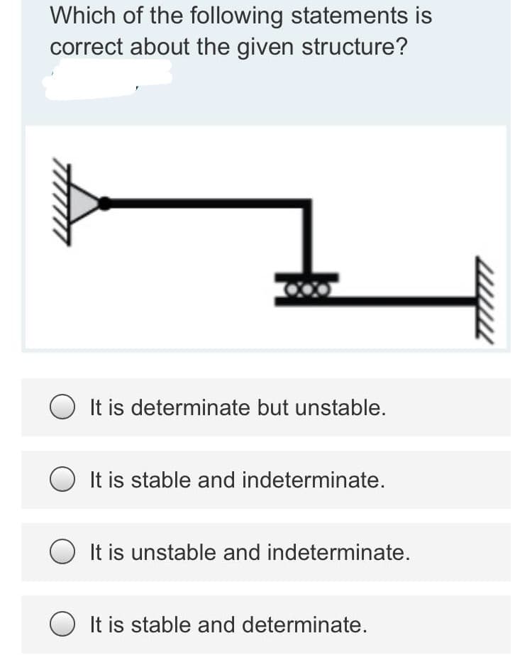 Which of the following statements is
correct about the given structure?
O It is determinate but unstable.
O It is stable and indeterminate.
It is unstable and indeterminate.
O It is stable and determinate.
