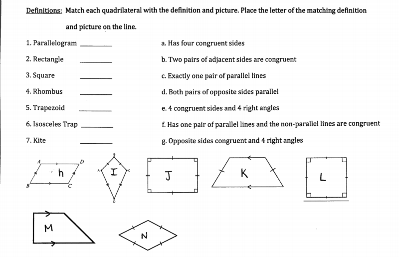 Definitions: Match each quadrilateral with the definition and picture. Place the letter of the matching definition
and picture on the line.
1. Parallelogram
a. Has four congruent sides
2. Rectangle
b. Two pairs of adjacent sides are congruent
3. Square
c. Exactly one pair of parallel lines
4. Rhombus
d. Both pairs of opposite sides parallel
5. Trapezoid
e. 4 congruent sides and 4 right angles
6. Isosceles Trap
f. Has one pair of parallel lines and the non-parallel lines are congruent
7. Kite
g. Opposite sides congruent and 4 right angles
h
J
K
Σ
