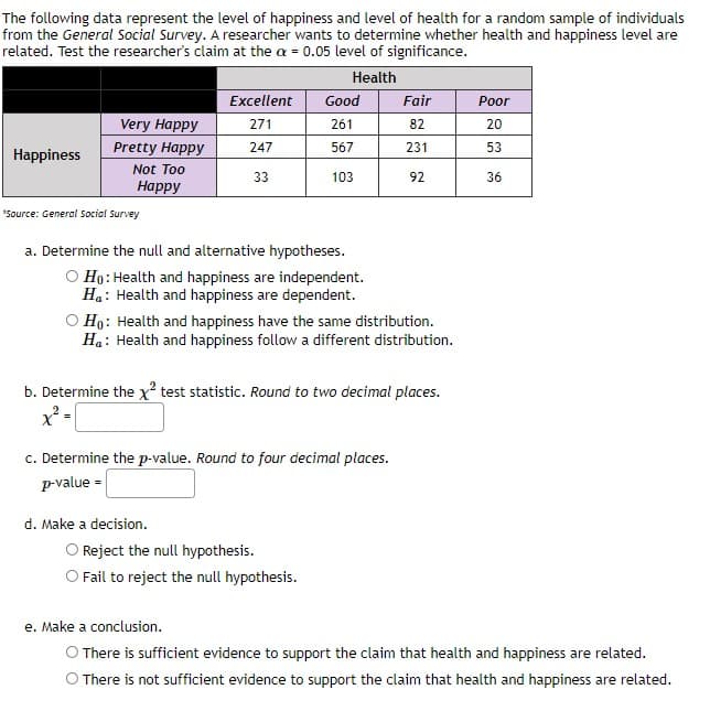 The following data represent the level of happiness and level of health for a random sample of individuals
from the General Social Survey. A researcher wants to determine whether health and happiness level are
related. Test the researcher's claim at the a = 0.05 level of significance.
Health
Excellent
Good
Fair
Рoor
Very Happy
271
261
82
20
Pretty Happy
247
567
231
53
Happiness
Not Too
33
103
92
36
Наpрy
*Source: General Social Survey
a. Determine the null and alternative hypotheses.
O Họ: Health and happiness are independent.
Ha: Health and happiness are dependent.
Ho: Health and happiness have the same distribution.
Ha: Health and happiness follow a different distribution.
b. Determine the x² test statistic. Round to two decimal places.
c. Determine the p-value. Round to four decimal places.
p-value =
d. Make a decision.
Reject the null hypothesis.
O Fail to reject the null hypothesis.
e. Make a conclusion.
O There is sufficient evidence to support the claim that health and happiness are related.
O There is not sufficient evidence to support the claim that health and happiness are related.
