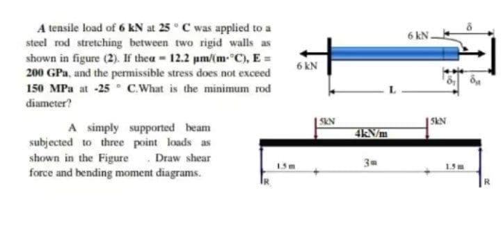 A tensile load of 6 kN at 25 ° C was applied to a
steel rod stretching between two rigid walls as
shown in figure (2). If thea 12.2 um/(m-"C), E =
200 GPa, and the permissible stress does not exceed
6 kN -
6 kN
150 MPa at -25 ° C.What is the minimum rod
diameter?
| SKN
|SkN
A simply supported beam
subjected to three point loads as
shown in the Figure . Draw shear
force and bending moment diagrams.
4kN/m
15m
