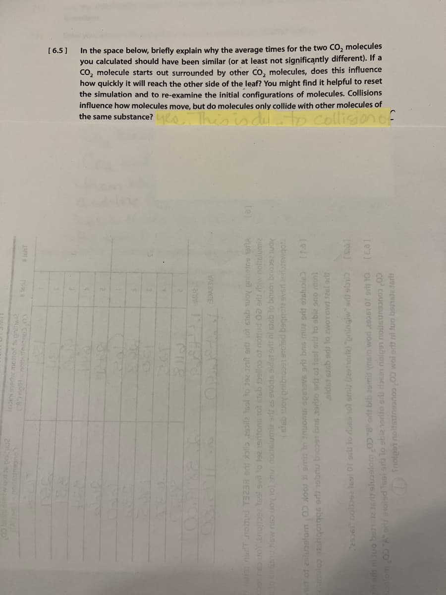 €165
:3ÐARVA
#IGHT
U
ned nolud T323A erit bllo 29oll2 tsel to 192 121 9rt1 not sish toy pnhetne 1911A
9th UoY.anoitbez tsel svit to 192 19ritons 10t stab tello of nottud OD er ritiw nottelumiz
to lis linu jisw no boy 10) annoitslumiz ert 26 evods sidst erit nl stab to bruor b
(stab tuoy pnibro091 eroted beggota evert zerbtswgotz
61 of 2slusalom OD lood 39miz to znuoms opsovs orb bris muz erit etslupla)
los ataqongs dobu bost bris 39rito aris of teel srls to obiz sno mont
eldst sieb aris to zwOT OW] 126l adt
[ra]
"25061" coltos los! Of er to ross 101 emiz (estione) "eningiw" srl slid
am ni juo batisse tri elusetom 05"8" orlt bib amit nem wod,29061 01 or 10 [ε,0]
alom OD "A" eris exoled lesi era lo sbiz 1erito sit dosen naige noitsu
D) frofgai no vsthearon .OD wal ort ril tuo baisz dar
[es]
[6.5]
the same substance? This is del to collision of
influence how molecules move, but do molecules only collide with other molecules of
the simulation and to re-examine the initial configurations of molecules. Collisions
how quickly it will reach the other side of the leaf? You might find it helpful to reset
CO₂ molecule starts out surrounded by other CO₂ molecules, does this influence
you calculated should have been similar (or at least not significantly different). If a
In the space below, briefly explain why the average times for the two CO₂ molecules