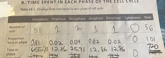 B. TIME SPENT IN EACH PHASE OF THE
Table 14-1, Findings from time spent in each phase of cell cycle
Interphase
51
Number of
cells
Proportion
time in phase
Time in
phase
teleuter)
Prophase Metaphase Anaphase Telophase Cytokinesis Total
1
2
1
1
56
0 1.01
0
0.02 0.04 0.02
0.02
655.71 12.86 25.71 12,86 12,86
Ate
4
720