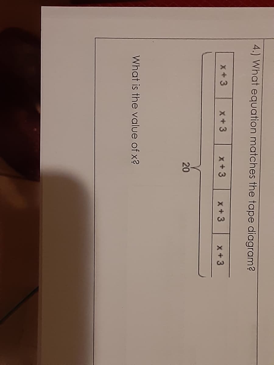 4.) What equation matches the tape diagram?
x+3
X+3
x +3
x+3
x +3
20
What is the value of x?
