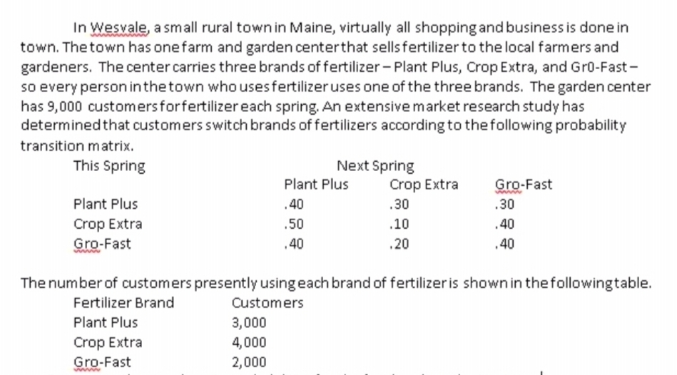 In Wesvale, a small rural townin Maine, virtually all shopping and business is done in
town. The town has onefarm and garden centerthat sellsfertilizer to the local farmers and
gardeners. The center carries three brands of fertilizer - Plant Plus, Crop Extra, and Gr0-Fast -
so every person inthetown who usesfertilizer uses one of the three brands. The garden center
has 9,000 customersforfertilizereach spring. An extensive market research study has
determined that customers switch brands of fertilizers according to thefollowing probability
transition matrix.
This Spring
Next Spring
Crop Extra
Plant Plus
Gro-Fast
Plant Plus
.40
.30
.30
Crop Extra
Gro-Fast
.50
.10
.40
,40
.20
.40
The number of customers presently using each brand of fertilizer is shownin the followingtable.
Fertilizer Brand
Customers
Plant Plus
3,000
Crop Extra
Gro-Fast
4,000
2,000
