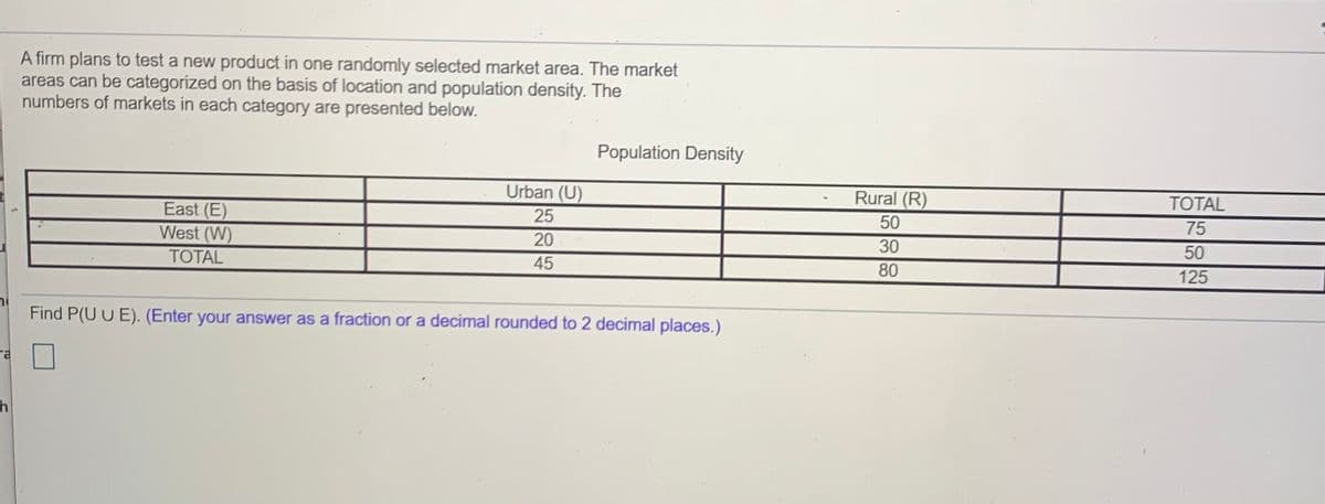 A firm plans to test a new product in one randomly selected market area. The market
areas can be categorized on the basis of location and population density. The
numbers of markets in each category are presented below.
Population Density
Urban (U)
Rural (R)
TOTAL
East (E)
West (W)
25
50
75
20
30
50
TOTAL
45
80
125
Find P(U U E). (Enter your answer as a fraction or a decimal rounded to 2 decímal places.)
ra
