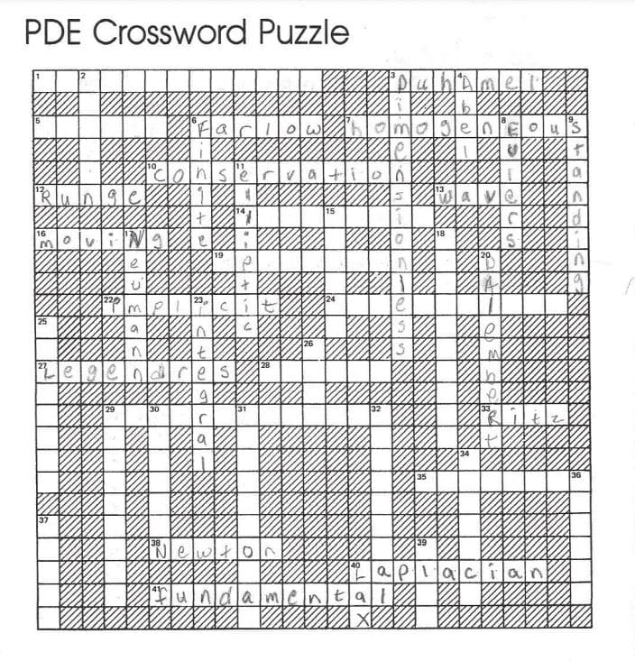 PDE Crossword Puzzle
Fa
pery
XXXX
0
nservati
i NININKAS VAR WAV
13
18
19
20
n
+
24
cit
²
Be
16
m
nge
ving
220
23,
PL
25
t
22ege dres
29
30
31
37
38
I'Newton
|of|u
am
mental
VIXIXINAXINIA
28
26
XA b
8
mogeneous
132
H
34
35
39
aplacian
XIXIX
36