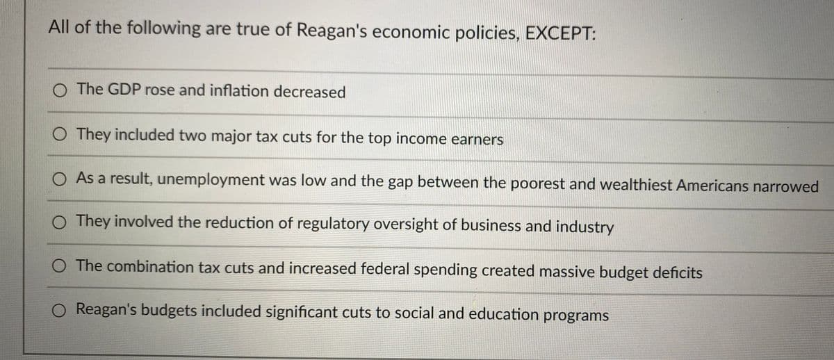 All of the following are true of Reagan's economic policies, EXCEPT:
O The GDP rose and inflation decreased
O They included two major tax cuts for the top income earners
O As a result, unemployment was low and the gap between the poorest and wealthiest Americans narrowed
O They involved the reduction of regulatory oversight of business and industry
The combination tax cuts and increased federal spending created massive budget deficits
O Reagan's budgets included significant cuts to social and education programs
