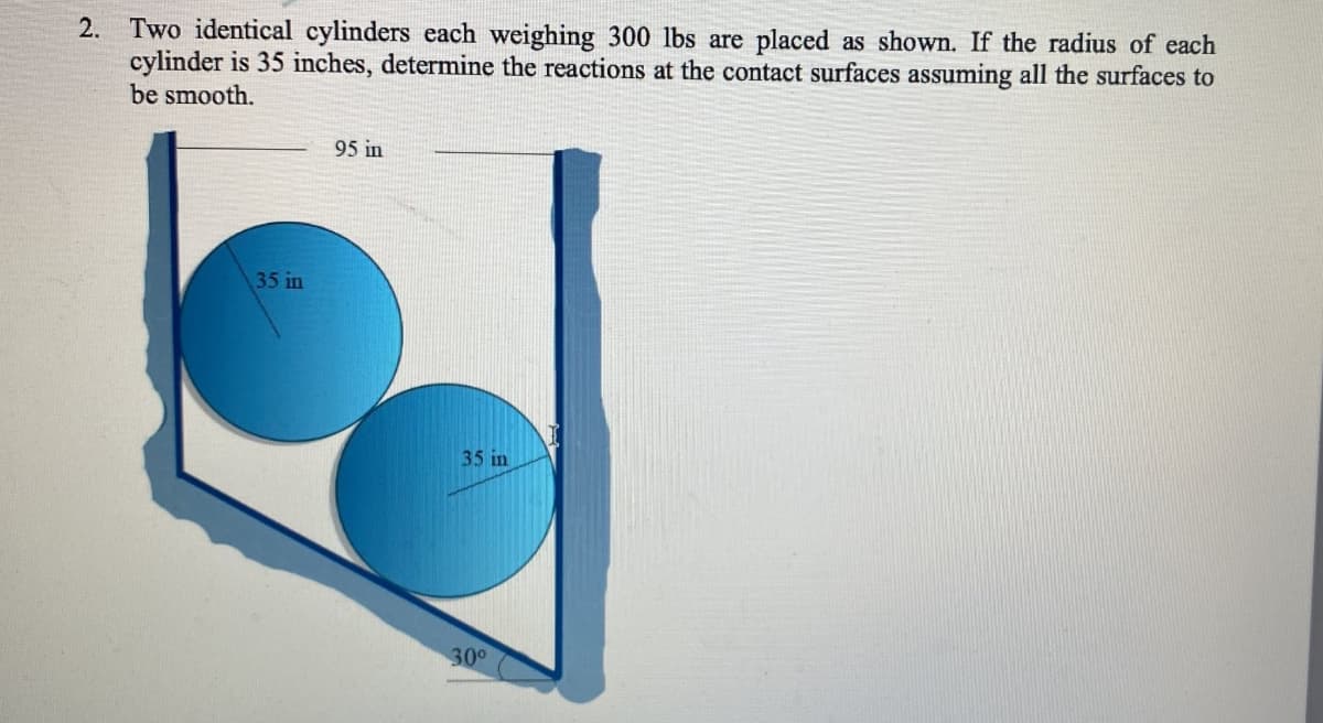 2. Two identical cylinders each weighing 300 lbs are placed as shown. If the radius of each
cylinder is 35 inches, determine the reactions at the contact surfaces assuming all the surfaces to
be smooth.
95 in
35 in
35 in
300
