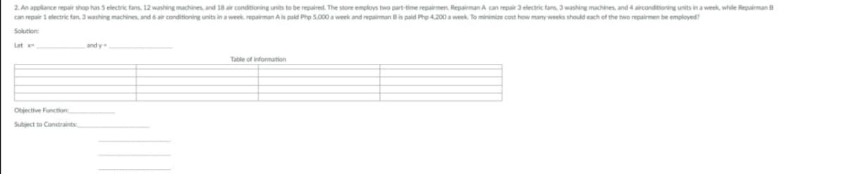 2. An appliance repair shop has 5 electric fans, 12 washing machines, and 18 air conditioning units to be repaired. The store employs two part-time repairmen. Repairman A can repair 3 electric fans, 3 washing machines, and 4 airconditioning units in a week, while Repairman B
can repair 1 electric fan, 3 washing machines, and 6 air conditioning units in a week. repairman A is paid Php 5,000 a week and repairman Bis paid Php 4,200 a week. To minimize cost how many weeks should each of the two repairmen be employed?
Solution:
Let x-
and y
Table of information
Objective Function
Subject to Constraints:
