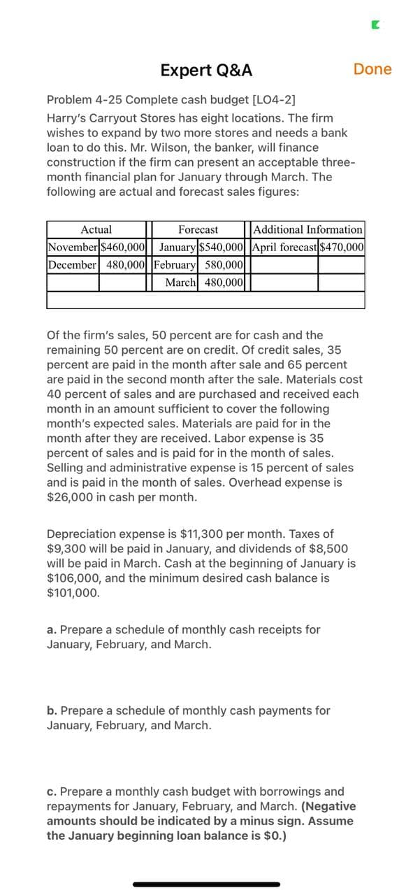 Expert Q&A
Done
Problem 4-25 Complete cash budget [LO4-2]
Harry's Carryout Stores has eight locations. The firm
wishes to expand by two more stores and needs a bank
loan to do this. Mr. Wilson, the banker, will finance
construction if the firm can present an acceptable three-
month financial plan for January through March. The
following are actual and forecast sales figures:
Actual
Forecast
Additional Information
November $460,000 January$540,000 April forecast $470,000
December 480,000 February 580,000
March 480,000|
Of the firm's sales, 50 percent are for cash and the
remaining 50 percent are on credit. Of credit sales, 35
percent are paid in the month after sale and 65 percent
are paid in the second month after the sale. Materials cost
40 percent of sales and are purchased and received each
month in an amount sufficient to cover the following
month's expected sales. Materials are paid for in the
month after they are received. Labor expense is 35
percent of sales and is paid for in the month of sales.
Selling and administrative expense is 15 percent of sales
and is paid in the month of sales. Overhead expense is
$26,000 in cash per month.
Depreciation expense is $11,300 per month. Taxes of
$9,300 will be paid in January, and dividends of $8,500
will be paid in March. Cash at the beginning of January is
$106,000, and the minimum desired cash balance is
$101,000.
a. Prepare a schedule of monthly cash receipts for
January, February, and March.
b. Prepare a schedule of monthly cash payments for
January, February, and March.
c. Prepare a monthly cash budget with borrowings and
repayments for January, February, and March. (Negative
amounts should be indicated by a minus sign. Assume
the January beginning loan balance is $0.)
