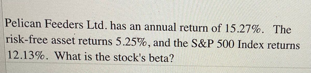 Pelican Feeders Ltd. has an annual return of 15.27%. The
risk-free asset returns 5.25%, and the S&P 500 Index returns
12.13%. What is the stock's beta?