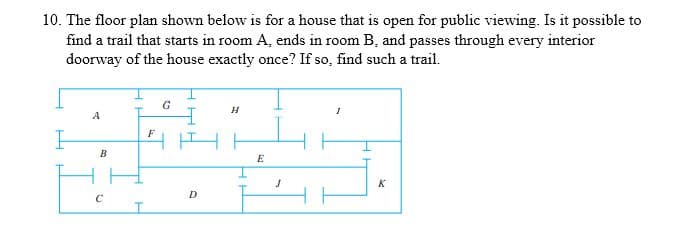 10. The floor plan shown below is for a house that is open for public viewing. Is it possible to
find a trail that starts in room A, ends in room B, and passes through every interior
doorway of the house exactly once? If so, find such a trail.
A
F
B
E
K
D
