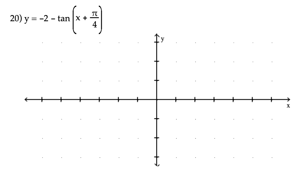 ### Transcription for Educational Website:

**Problem 20:**

\[ y = -2 - \tan \left( x + \frac{\pi}{4} \right) \]

**Graph Description:**

The graph displays a coordinate plane with the x-axis and y-axis. Both axes are marked with evenly spaced tick marks representing unit intervals.

**Analysis of the Function:**

- **Function**: The equation describes a transformation of the tangent function.
- **Translation**: The horizontal translation is by \(-\frac{\pi}{4}\), shifting the graph to the left.
- **Vertical Shift**: The graph is shifted downward by 2 units, indicated by \(-2\).
- **Periodicity**: The tangent function has a period of \(\pi\), so the graph will repeat every \(\pi\) units along the x-axis.
- **Asymptotes**: As with all tangent functions, there will be vertical asymptotes, the placement of which will be modified by the function's transformation.

Understanding these transformations will help in accurately graphing and analyzing the function's behavior on the coordinate plane provided.