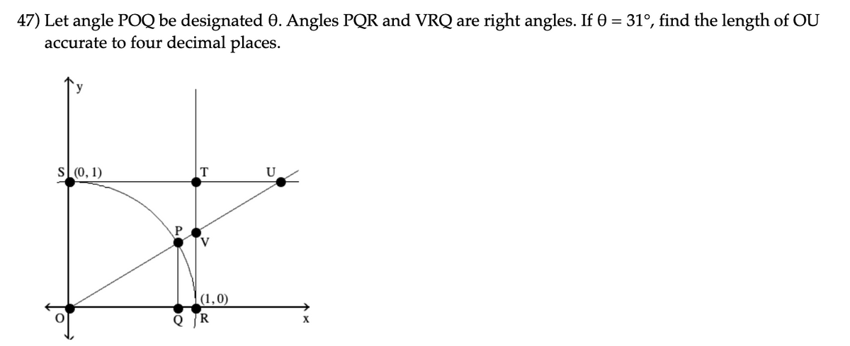 47) Let angle POQ be designated 0. Angles PQR and VRQ are right angles. If 0 = 31°, find the length of OU
accurate to four decimal places.
y
s[(0, 1)
U
(1,0)
Q JR
X

