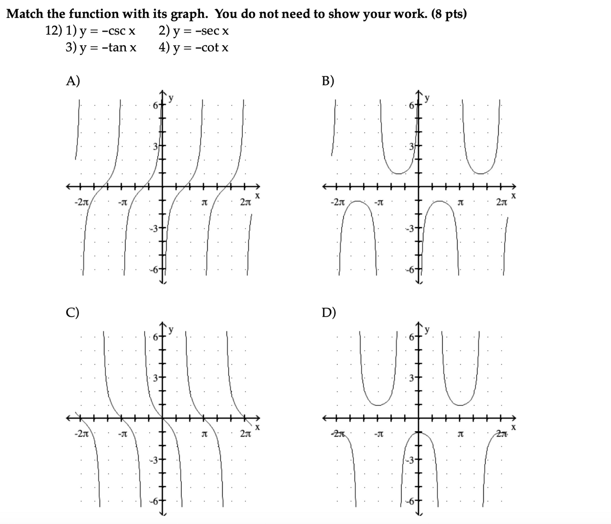 Match the function with its graph. You do not need to show your work. (8 pts)
12) 1) y = -
3) y = -tan x
2) у
4) у 3 -cot x
= -CSC X
= -sec x
A)
B)
X
-27
-21
C)
D)
X
-21
