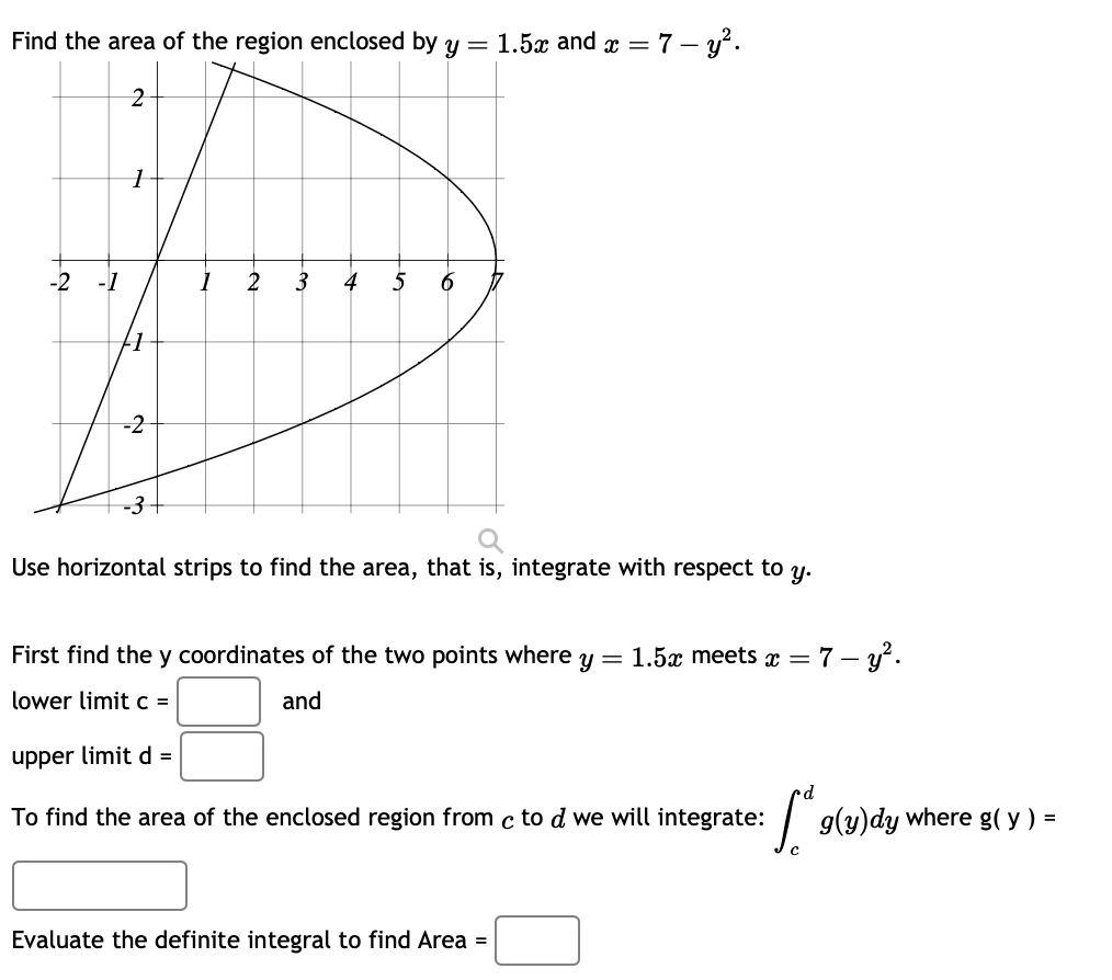 Find the area of the region enclosed by y = 1.5x and x = 7 - y².
2
-2
-1
-2
-3
2 3
a
Use horizontal strips to find the area, that is, integrate with respect to y.
First find the y coordinates of the two points where y = 1.5x meets x = 7-y².
lower limit c =
and
upper limit d =
To find the area of the enclosed region from c to d we will integrate:
Evaluate the definite integral to find Area =
["g(y)dy
where
g(y) =