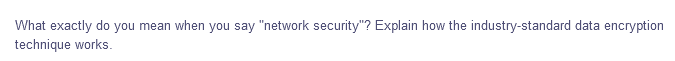 What exactly do you mean when you say "network security"? Explain how the industry-standard data encryption
technique works.
