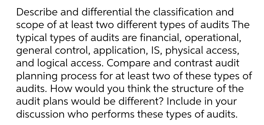 Describe and differential the classification and
scope of at least two different types of audits The
typical types of audits are financial, operational,
general control, application, IS, physical access,
and logical access. Compare and contrast audit
planning process for at least two of these types of
audits. How would you think the structure of the
audit plans would be different? Include in your
discussion who performs these types of audits.
