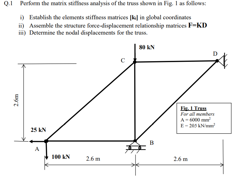 Q.1 Perform the matrix stiffness analysis of the truss shown in Fig. 1 as follows:
i) Establish the elements stiffness matrices [ki] in global coordinates
ii) Assemble the structure force-displacement relationship matrices F=KD
iii) Determine the nodal displacements for the truss.
80 kN
D
C
Fig. 1 Truss
For all members
A = 6000 mm?
E = 205 kN/mm?
25 kN
В
A
100 kN
2.6 m
2.6 m
2.6m
