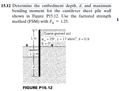 15.12 Determine the embedment depth, d, and maximum
bending moment for the cantilever sheet pile wall
shown in Figure P15.12. Use the factored strength
method (FSM) with F = 1.25.
1.
Coarse-grained soil
= 29°, y = 17 kN/m³, s = 0.9
1 m
(water)
1.5 m
FIGURE P15.12
