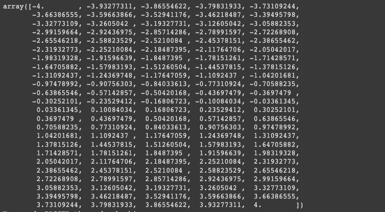 I -3.93277311, -3.86554622, -3.79831933, -3.73109244,
-3.66386555, -3.59663866, -3.52941176, -3.46218487, -3.39495798,
-3.32773109, -3.2605042 -3.19327731, -3.12605042, -3.05882353,
-2.99159664, -2.92436975, -2.85714286, -2.78991597, -2.72268908,
-2.65546218, -2.58823529, -2.5210084 -2.45378151, -2.38655462,
-2.31932773, -2.25210084, -2.18487395, -2.11764706, -2.05042017,
-1.98319328, -1.91596639, -1.8487395 -1.78151261, -1.71428571,
-1.64705882, -1.57983193, -1.51260504, -1.44537815, -1.37815126,
-1.31092437, -1.24369748, -1.17647059, -1.1092437 -1.04201681,
-0.97478992, -0.90756303, -0.84033613, -0.77310924, -0.70588235,
-0.63865546, -0.57142857, -0.50420168, -0.43697479, -0.3697479
-0.30252101, -0.23529412, -0.16806723, -0.10084034, -0.03361345,
0.03361345, 0.10084034, 0.16806723, 0.23529412, 0.30252101,
0.43697479, 0.50420168, 0.57142857, 0.63865546,
0.70588235, 0.77310924, 0.84033613, 0.90756303, 0.97478992,
0.3697479
1.04201681, 1.1092437
1.31092437,
1.17647059, 1.24369748,
1.37815126, 1.44537815, 1.51260504, 1.57983193, 1.64705882,
1.71428571, 1.78151261, 1.8487395 1.91596639, 1.98319328,
2.05042017, 2.11764706, 2.18487395, 2.25210084, 2.31932773,
2.38655462, 2.45378151, 2.5210084
2.72268908, 2.78991597, 2.85714286,
3.05882353, 3.12605042, 3.19327731,
3.39495798, 3.46218487, 3.52941176,
3.73109244, 3.79831933, 3.86554622,
2.58823529, 2.65546218,
2.92436975, 2.99159664,
3.2605042
3.32773109,
3.59663866, 3.66386555,
3.93277311, 4.
array([-4.
I
I
I
I
I
I
"
1)