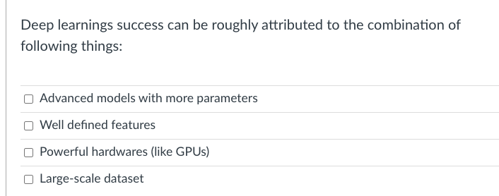 Deep learnings success can be roughly attributed to the combination of
following things:
Advanced models with more parameters
Well defined features
Powerful hardwares (like GPUs)
Large-scale dataset