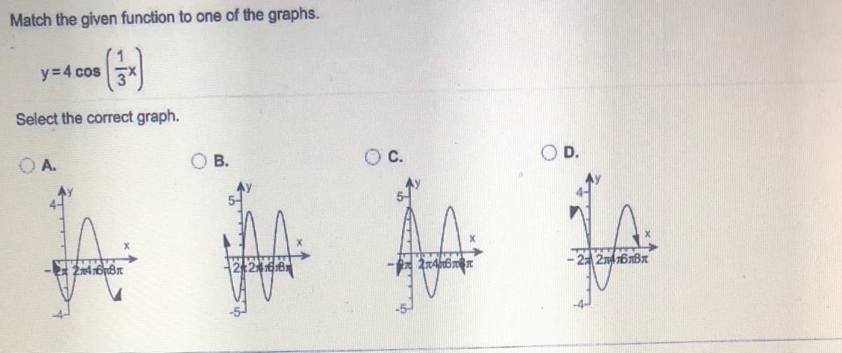 Match the given function to one of the graphs.
y=4 cos 3X
Select the correct graph.
O A.
В.
268元
