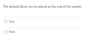 The default block can be placed at the end of the switch.
True
False
