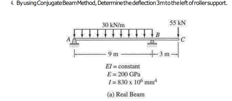4. Byusing Conjugate BeamMethod, Determinethedeflection 3mtotheleft of rollersupport.
55 kN
30 kN/m
+3 m-
9 m
El = constant
%3D
E = 200 GPa
I = 830 x 106 mm4
(a) Real Beam
