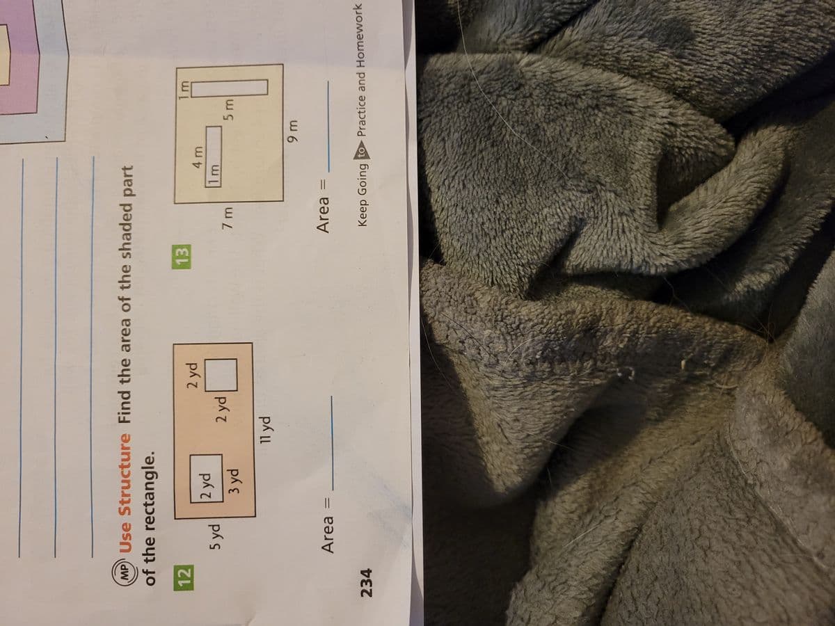 MP) Use Structure Find the area of the shaded part
of the rectangle.
12
13
2 yd
2 yd
5 yd
1m
2 yd
3 yd
5 m
1l yd
Area
Area
234
Keep Going to Practice and Homework
