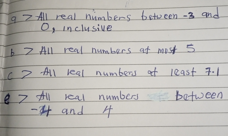 97 Al real hümbers between -3 and
O, inclusive
7 AlL real numbers at most 5
C2 All leal numbers at least 7.1
e 7 All real
Ieal numbers
between
-4 and
4.
