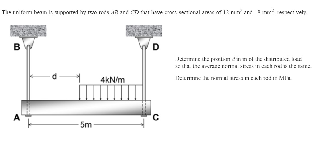 The uniform beam is supported by two rods AB and CD that have cross-sectional areas of 12 mm² and 18 mm?, respectively.
Determine the position d in m of the distributed load
so that the average normal stress in each rod is the same.
4kN/m
Determine the normal stress in each rod in MPa.
A
5m
