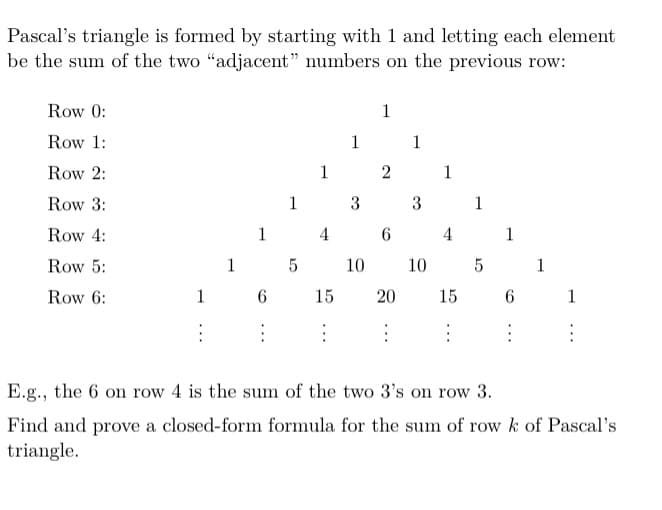 Pascal's triangle is formed by starting with 1 and letting each element
be the sum of the two "adjacent" numbers on the previous row:
Row 0:
1
Row 1:
1 1
Row 2:
1
1
Row 3:
1
3
3
1
Row 4:
1
4
4
1
Row 5:
1 5
10
10
1
Row 6:
1
15
20
15
6 1
E.g., the 6 on row 4 is the sum of the two 3's on row 3.
Find and prove a closed-form formula for the sum of row k of Pascal's
triangle.
