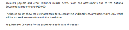 Accounts payable and other liabilities include debts, taxes and assessments due to the National
Government amounting to P10,000.
The books do not show the estimated trust fees, accounting and legal fees, amounting to P5,000, which
will be incurred in connection with the liquidation.
Requirement: Compute for the payment to each class of creditor.
