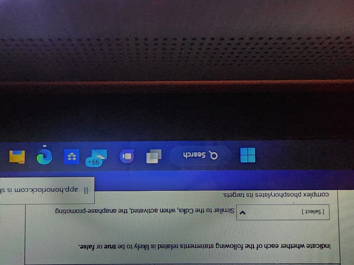 [Select 1
Indicate whether each of the following statements related is likely to be true or false.
complex phosphorylates its targets.
ww
✓ Similar to the Cdks, when activated, the anaphase-promoting
A
*****
**
Q Search
3*
*****
******
******
Il app.honorlock.com is sh
99+
**
***
13