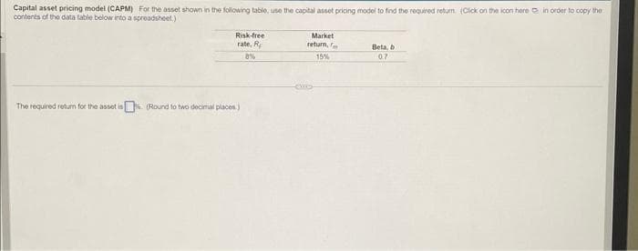 Capital asset pricing model (CAPM) For the asset shown in the following table, use the capital asset pricing model to find the required return. (Click on the icon here in order to copy the
contents of the data table below into a spreadsheet.)
Risk-free
rate, R
8%
The required return for the asset is. (Round to two decimal places.)
Market
return,
15%
Beta, b
0.7