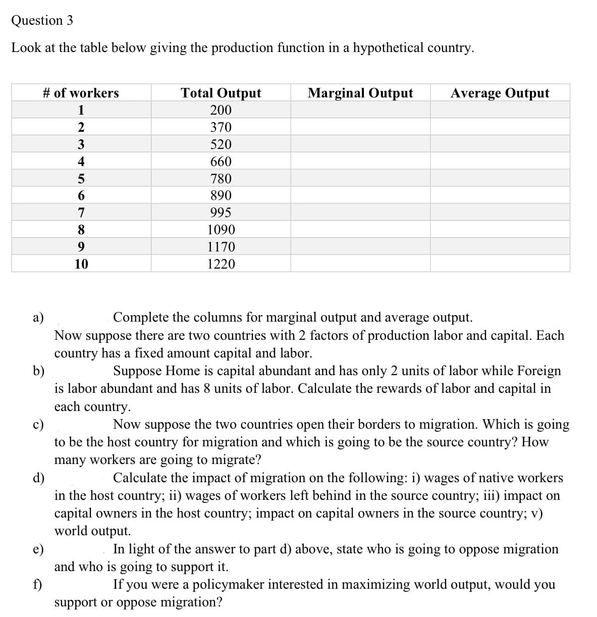 Question 3
Look at the table below giving the production function in a hypothetical country.
# of workers
1
Total Output
200
2
370
3
520
4
660
5
780
6
890
7
995
8
1090
9
1170
10
1220
Marginal Output
Average Output
a)
b)
c)
d)
f)
Complete the columns for marginal output and average output.
Now suppose there are two countries with 2 factors of production labor and capital. Each
country has a fixed amount capital and labor.
Suppose Home is capital abundant and has only 2 units of labor while Foreign
is labor abundant and has 8 units of labor. Calculate the rewards of labor and capital in
each country.
Now suppose the two countries open their borders to migration. Which is going
to be the host country for migration and which is going to be the source country? How
many workers are going to migrate?
Calculate the impact of migration on the following: i) wages of native workers
in the host country; ii) wages of workers left behind in the source country; iii) impact on
capital owners in the host country; impact on capital owners in the source country; v)
world output.
In light of the answer to part d) above, state who is going to oppose migration
and who is going to support it.
If you were a policymaker interested in maximizing world output, would you
support or oppose migration?