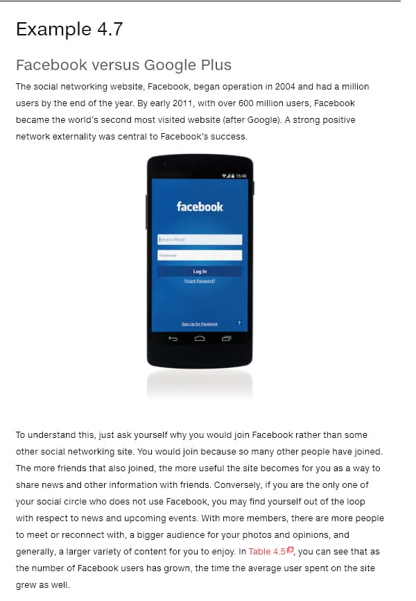 Example 4.7
Facebook versus Google Plus
The social networking website, Facebook, began operation in 2004 and had a million
users by the end of the year. By early 2011, with over 600 million users, Facebook
became the world's second most visited website (after Google). A strong positive
network externality was central to Facebook's success.
facebook
Email or Phone
J
Log In
Forgot Password?
Sign Up for Facebook
0
To understand this, just ask yourself why you would join Facebook rather than some
other social networking site. You would join because so many other people have joined.
The more friends that also joined, the more useful the site becomes for you as a way to
share news and other information with friends. Conversely, if you are the only one of
your social circle who does not use Facebook, you may find yourself out of the loop
with respect to news and upcoming events. With more members, there are more people
to meet or reconnect with, a bigger audience for your photos and opinions, and
generally, a larger variety of content for you to enjoy. In Table 4.50, you can see that as
the number of Facebook users has grown, the time the average user spent on the site
grew as well.