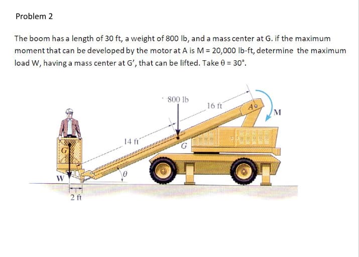 Problem 2
The boom has a length of 30 ft, a weight of 800 lb, and a mass center at G. if the maximum
moment that can be developed by the motor at A is M = 20,000 lb-ft, determine the maximum
load W, having a mass center at G', that can be lifted. Take 0 = 30°.
W
2 ft
14 ft
800 lb
16 ft
4°
M