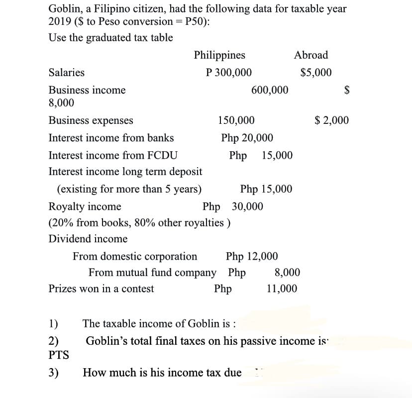 Goblin, a Filipino citizen, had the following data for taxable year
2019 ($ to Peso conversion = P50):
Use the graduated tax table
Salaries
Business income
8,000
Business expenses
Interest income from banks
Interest income from FCDU
Interest income long term deposit
(existing for more than 5 years)
Royalty income
Php
(20% from books, 80% other royalties)
Dividend income
Philippines
Prizes won in a contest
1)
2)
PTS
3)
P 300,000
600,000
150,000
Php 20,000
Php 15,000
Php 15,000
30,000
From domestic corporation Php 12,000
From mutual fund company Php
Php
How much is his income tax due
Abroad
$5,000
8,000
11,000
The taxable income of Goblin is :
Goblin's total final taxes on his passive income is
$
$ 2,000