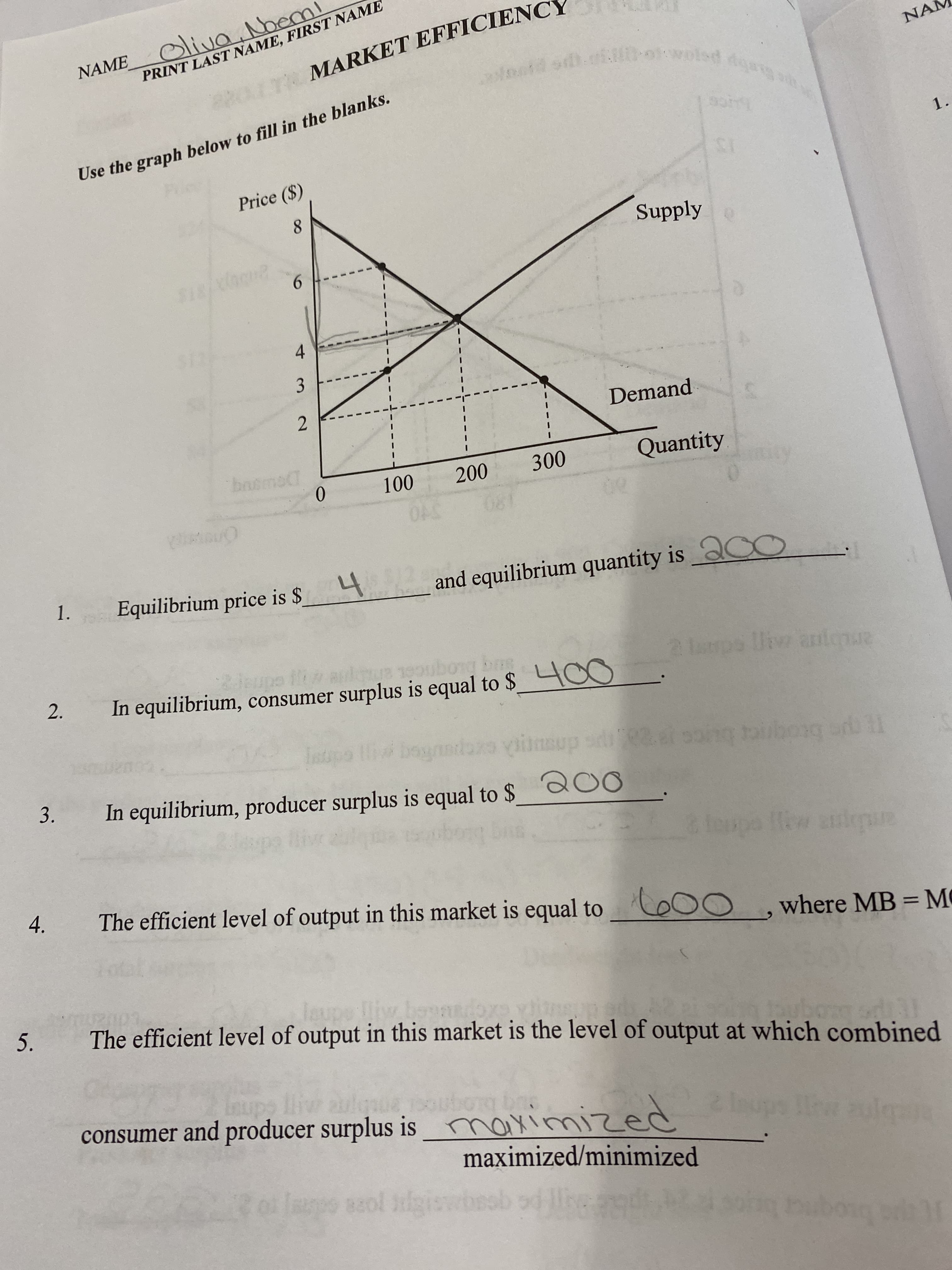 Oliva.Noem!
NAME
PRINT LAST NAME, FIRST NAME
MARKET EFFICIENCY
sb.i.lorwolsd
NA
Use the graph below to fill in the blanks.
1.
Price ($)
8.
Supply e
6.
Demand
basmoT
100
200
300
Quantity
On
Equilibrium price is $_4 and equilibrium quantity is CC
2.
In equilibrium, consumer surplus is equal to $ 4OO
2 Lapo lliw almue
boyn
sup
3.
In equilibrium, producer surplus is equal to $
200
w aepue
The efficient level of output in this market is equal to 00.where MB = M¢
5.
The efficient level of output in this market is the level of output at which combined
leupe lliw bor
bo
consumer and producer surplus is <maximized
Inups lew
maximized/minimized
4+
3.
2.
1.
4.
