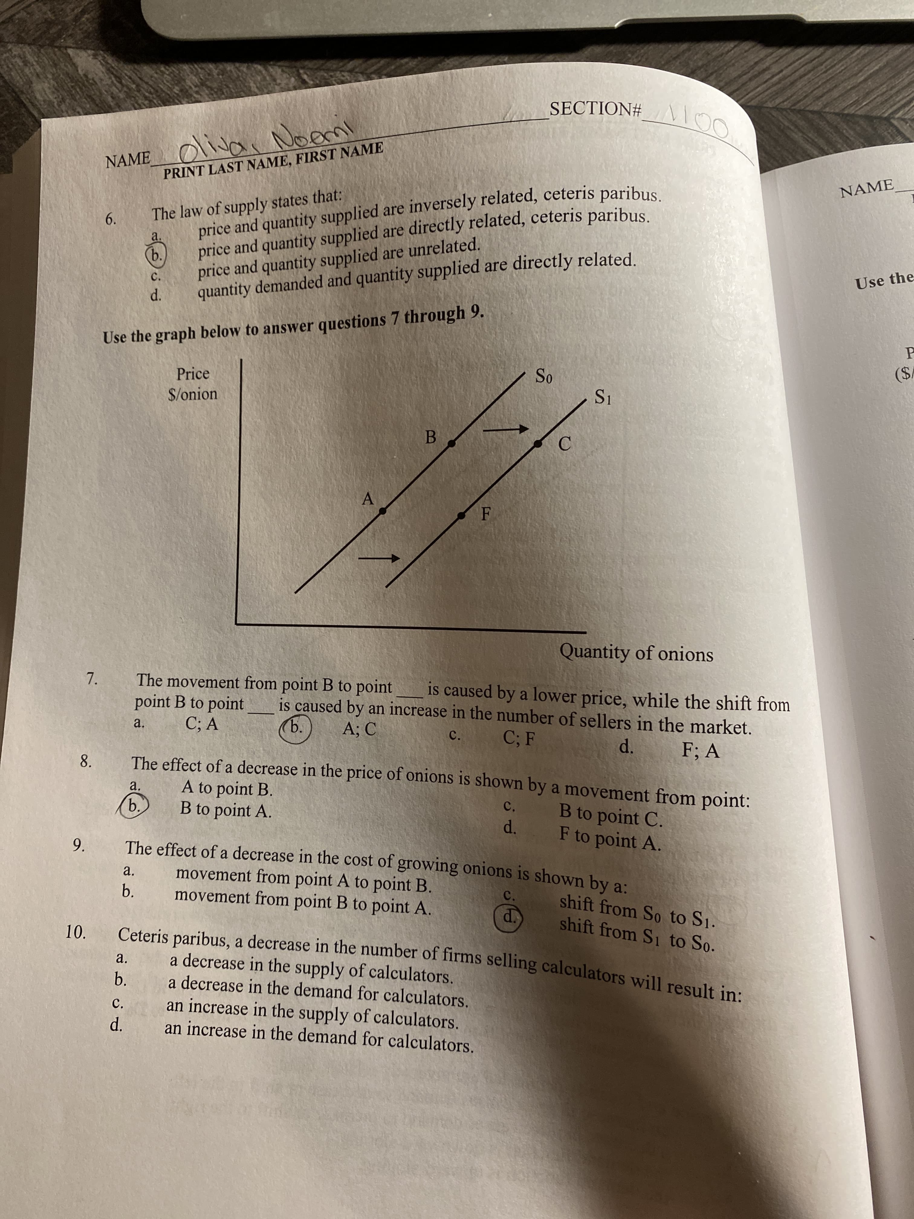 SECTION# _ \ on
100
NAME__O\\ Noem
PRINT LAST NAME, FIRST NAME
The law of supply states that:
price and quantity supplied are inversely related, ceteris paribus.
price and quantity supplied are directly related, ceteris paribus.
NAME
a.
ь.
price and quantity supplied are unrelated.
quantity demanded and quantity supplied are directly related.
C.
Use the
d.
Use the graph below to answer questions 7 through 9.
Price
($
So
$/onion
S1
Quantity of onions
The movement from point B to point
point B to point
C; A
is caused by a lower price, while the shift from
is caused by an increase in the number of sellers in the market.
ъ.
a.
A; C
C; F
C.
d.
F; A
The effect of a decrease in the price of onions is shown by a movement from point:
8.
A to point B.
B to point A.
a.
b.
C.
B to point C.
F to point A.
d.
The effect of a decrease in the cost of growing onions is shown by a:
movement from point A to point B.
movement from point B to point A.
9.
a.
b.
C.
shift from So to S1.
d.
shift from S1 to So.
Ceteris paribus, a decrease in the number of firms selling calculators will result in:
10.
a decrease in the supply of calculators.
a decrease in the demand for calculators.
an increase in the supply of calculators.
an increase in the demand for calculators.
a.
b.
C.
d.
6.
7.
